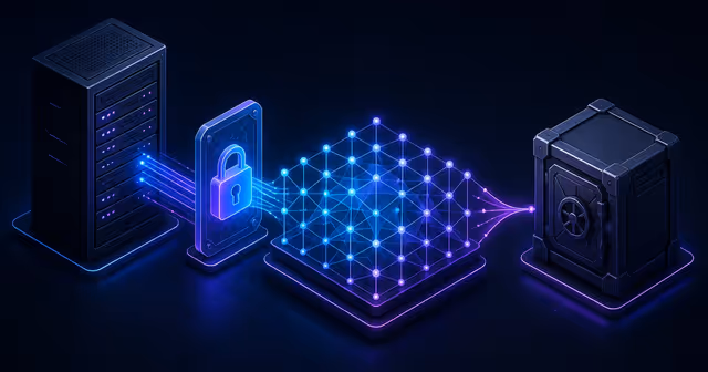 Ilustração de um servidor VPS conectado com segurança a um banco vetorial e a um armazenamento externo de backup.