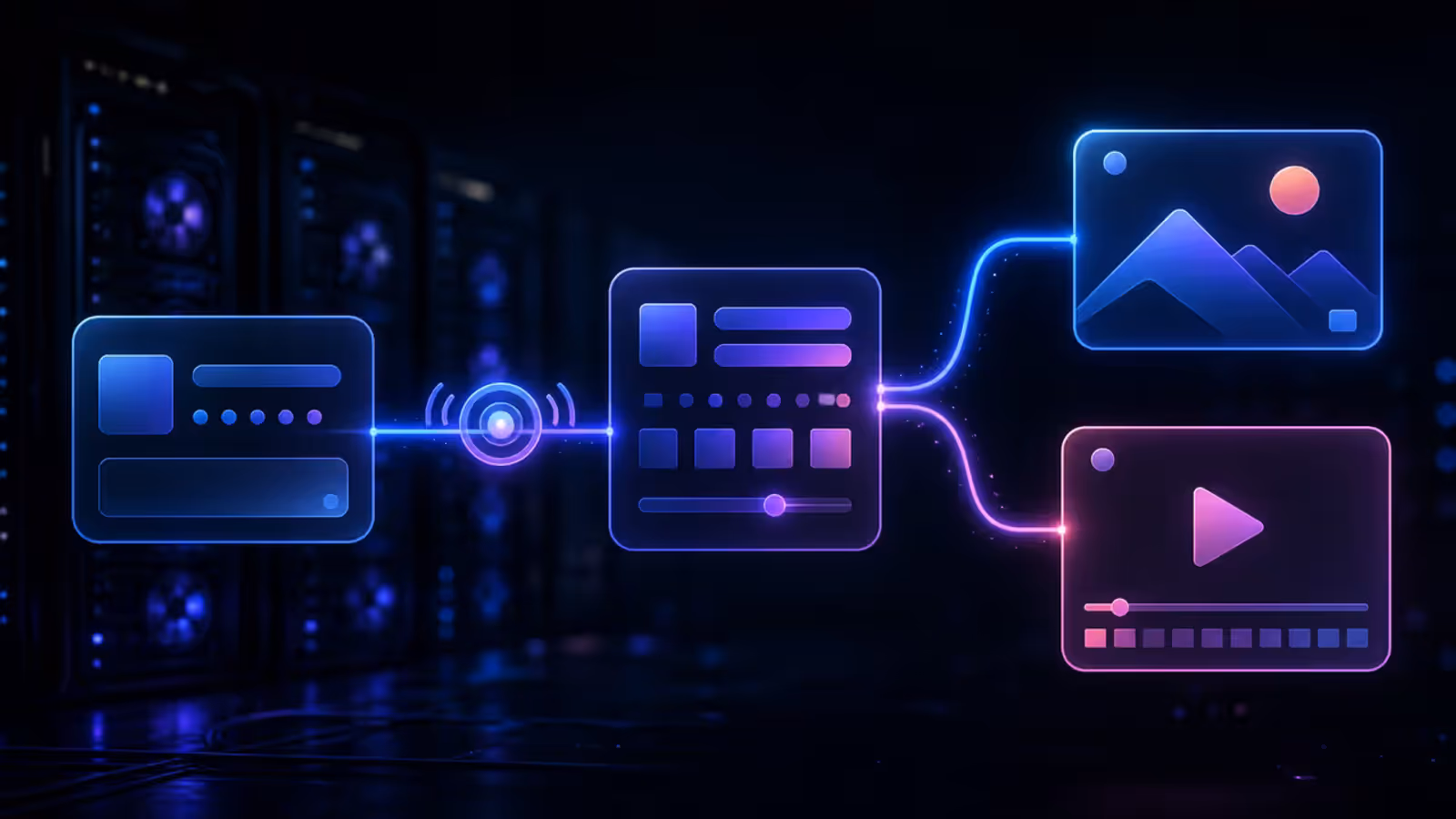 Ilustração editorial de um fluxo de automação ligando entrada, tarefa, sinal de status e resultados de imagem e vídeo, com racks de GPU ao fundo.