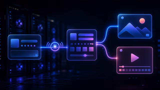 Ilustração editorial de um fluxo de automação ligando entrada, tarefa, sinal de status e resultados de imagem e vídeo, com racks de GPU ao fundo.