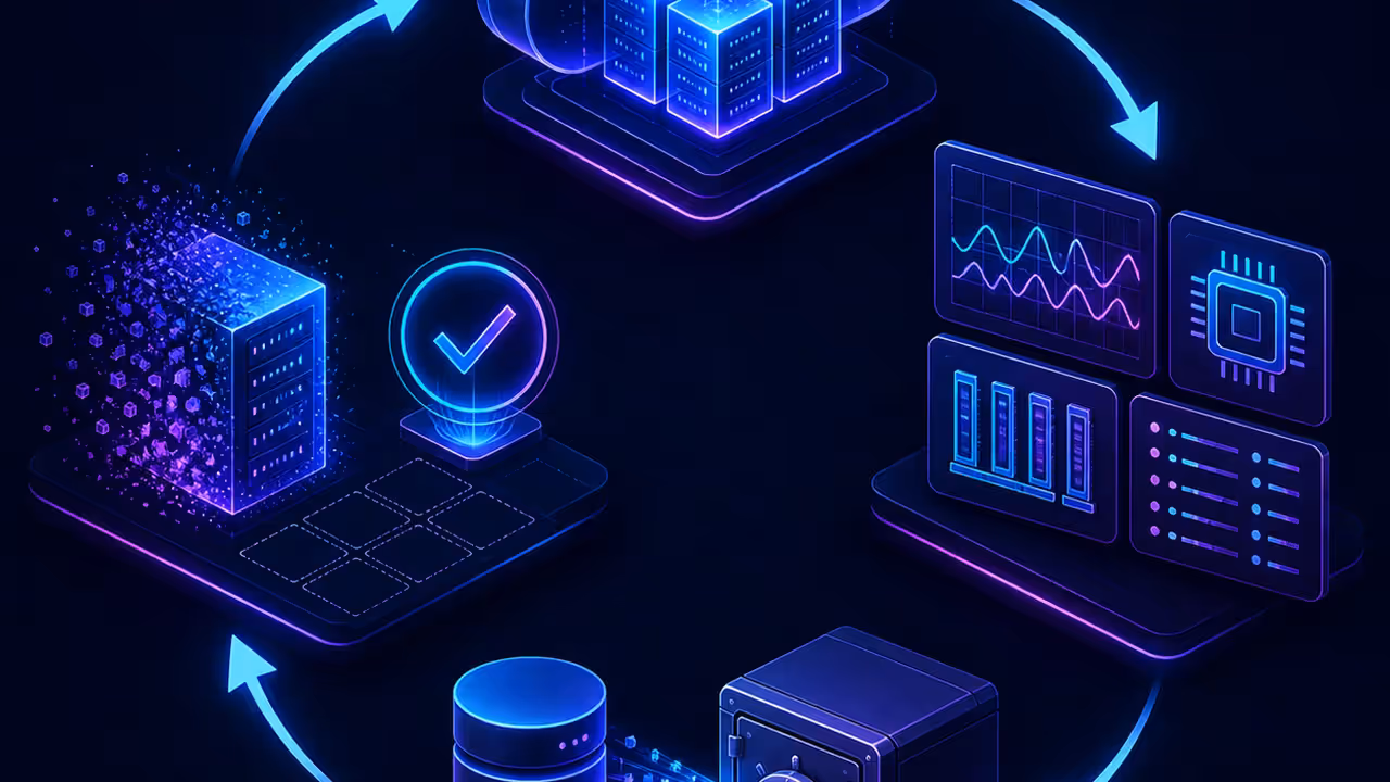 Fluxo visual para criar, medir, exportar e destruir uma VPS de teste