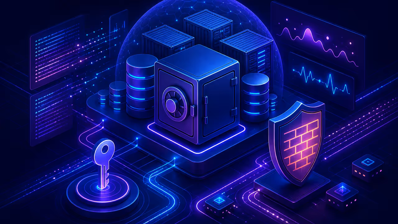 Cofre digital, firewall e painéis de logs protegendo uma VPS