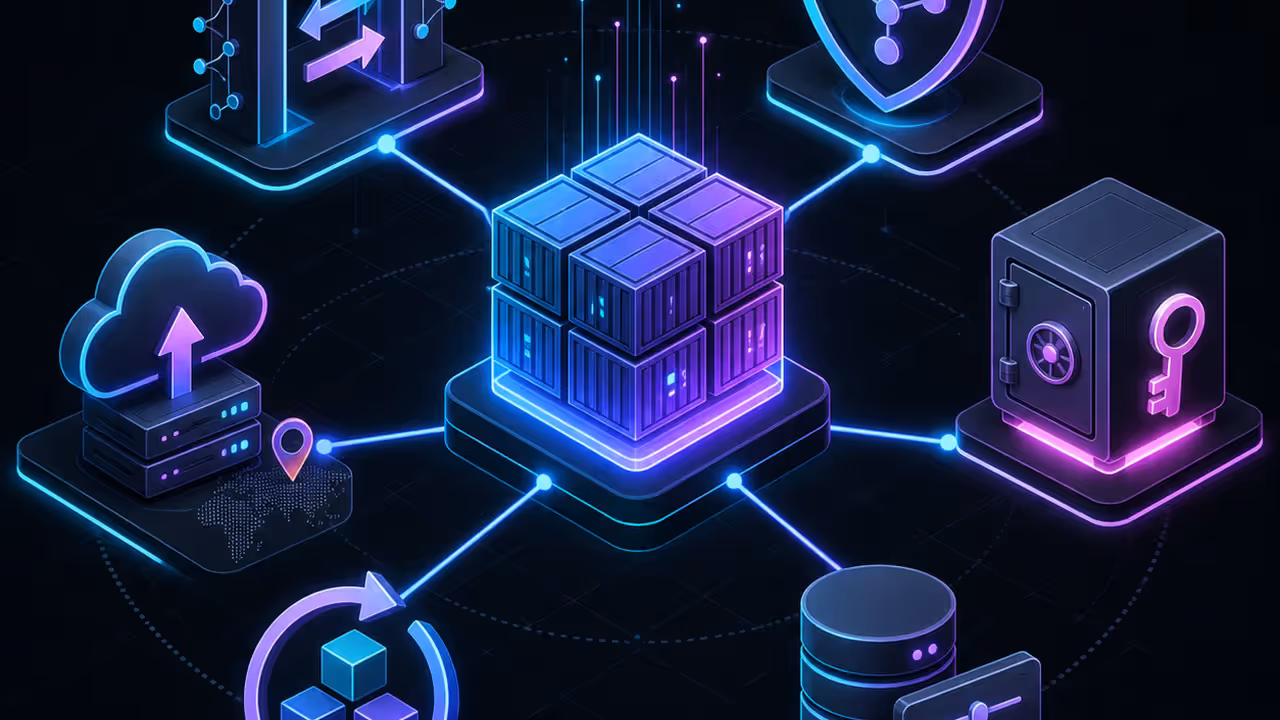 Aplicação em contêiner conectada a proxy, rede, secrets, configuração, atualizações e backup