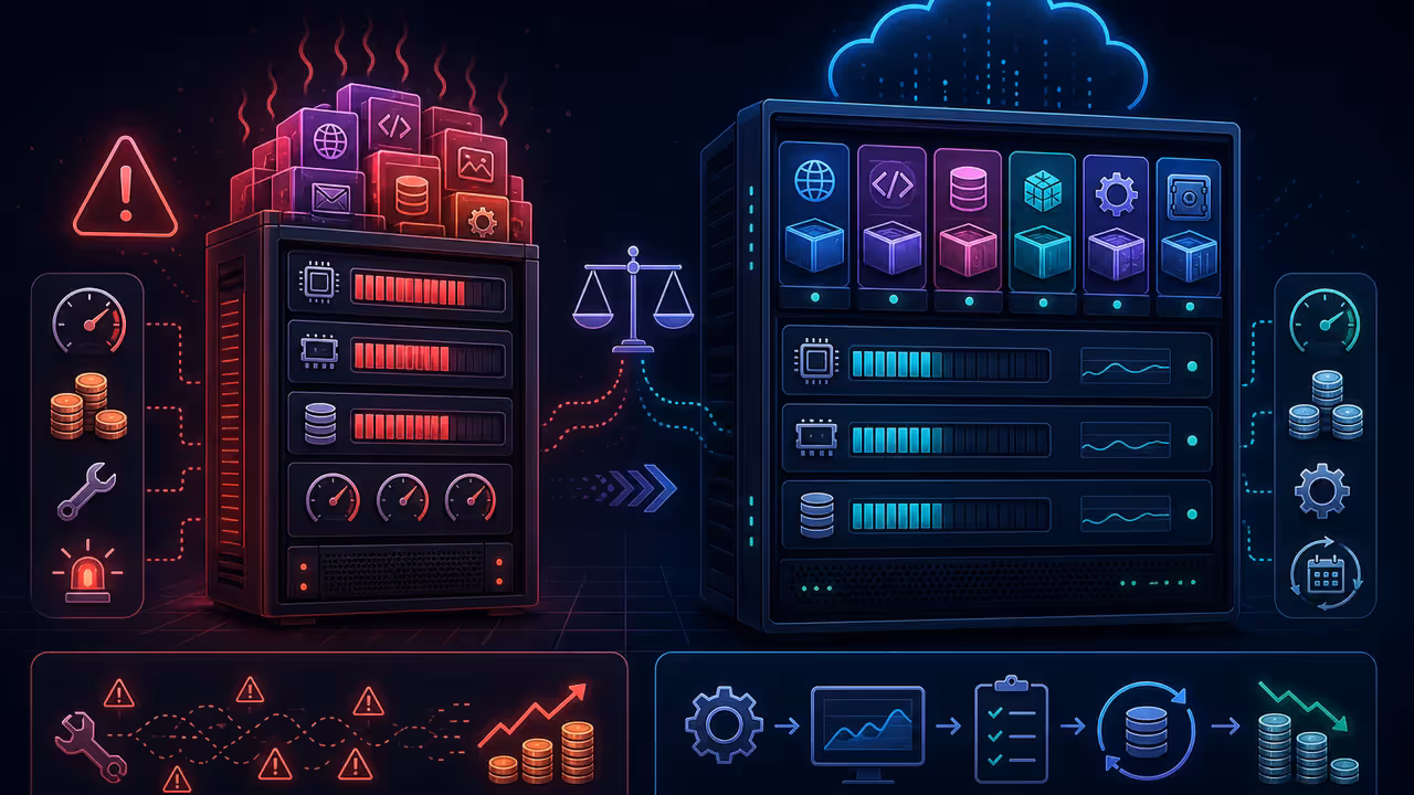 Comparação entre uma VPS sobrecarregada e uma VPS dimensionada com margem para aplicação, banco e backup