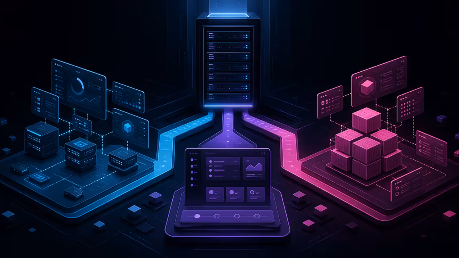 Comparação visual entre três caminhos de painel self-hosted conectados a uma VPS