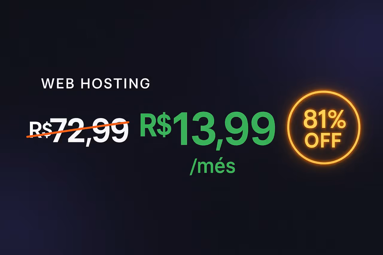 Banner promocional Hostinger com 81% OFF - preço cheio R$72,99 riscado vs R$13,99/mês em destaque
