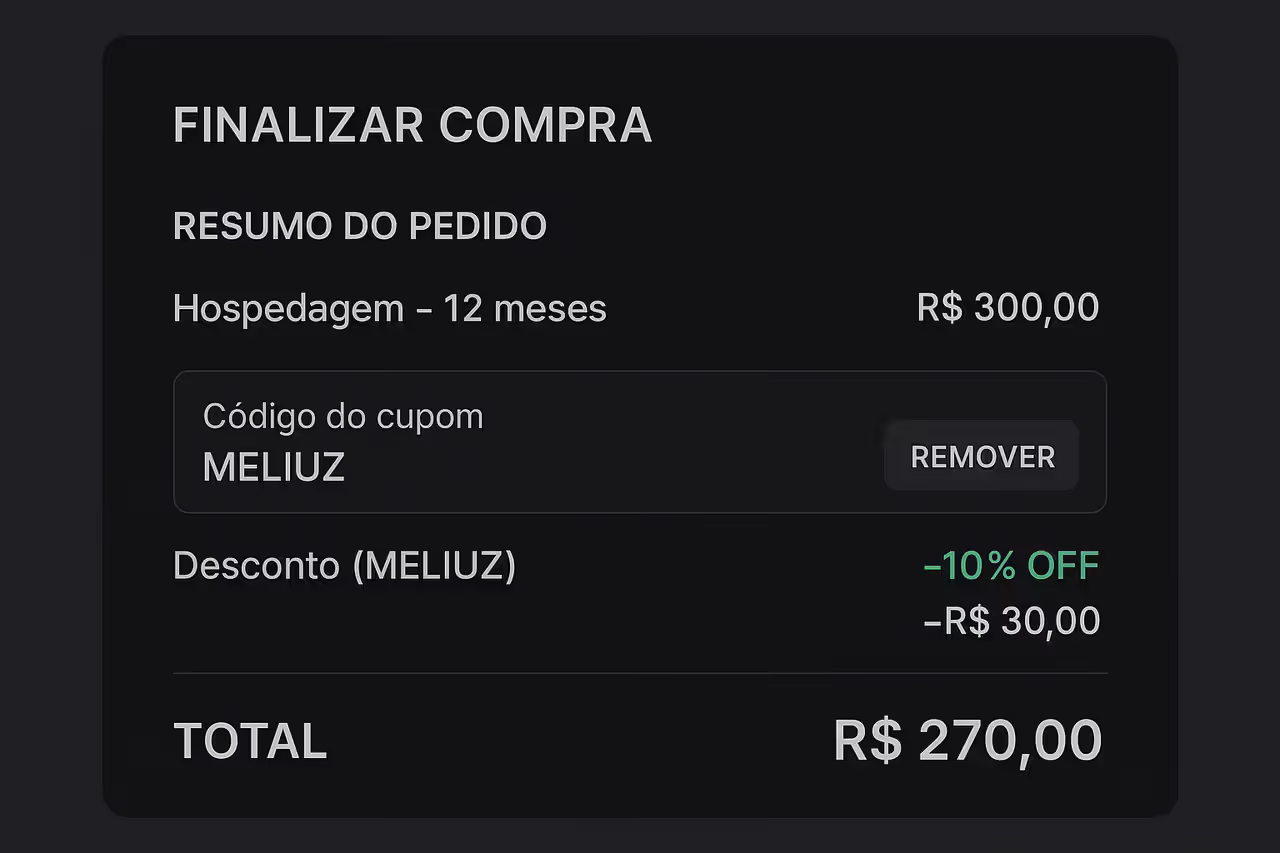Simulação de checkout Hostinger com cupom de desconto aplicado