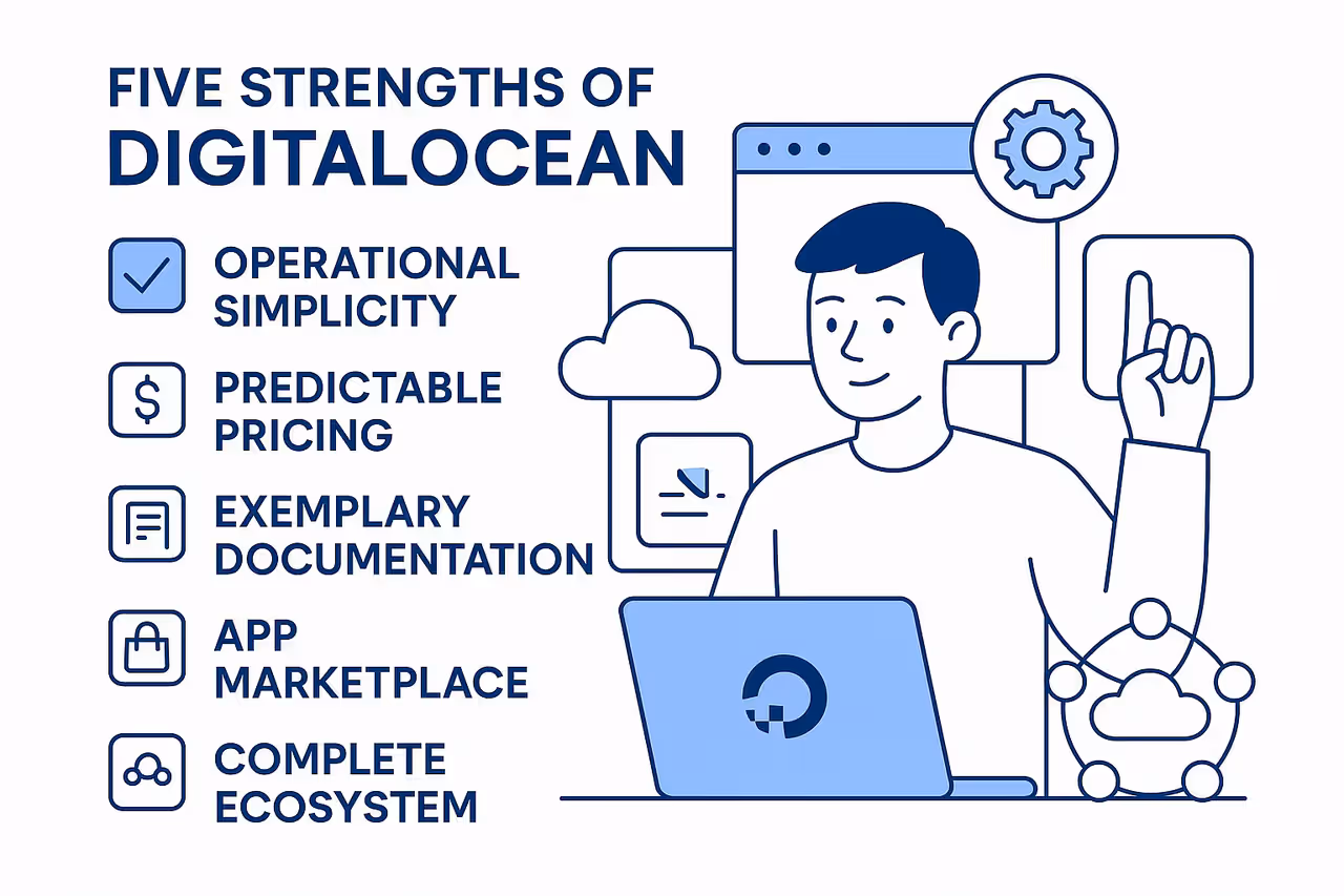 5 pontos fortes da DigitalOcean: simplicidade, preços previsíveis, documentação, marketplace e ecossistema completo para desenvolvedores