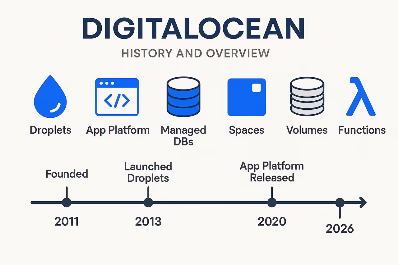Linha do tempo da DigitalOcean desde 2011 até 2026: fundação, IPO na NYSE, receita US$901M e os 6 produtos principais da plataforma cloud