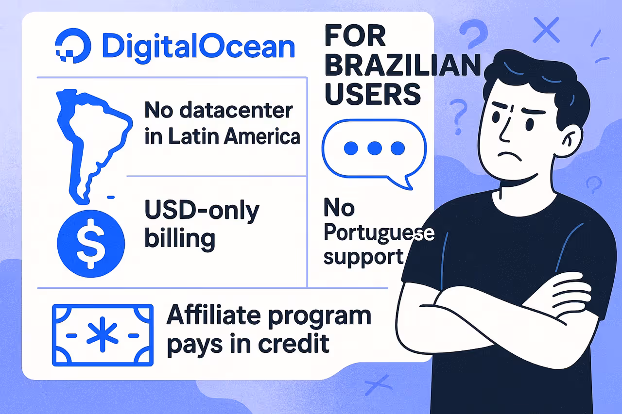 4 pontos negativos da DigitalOcean para brasileiros: sem DC Brasil, sem suporte PT, cobrança USD, afiliado crédito