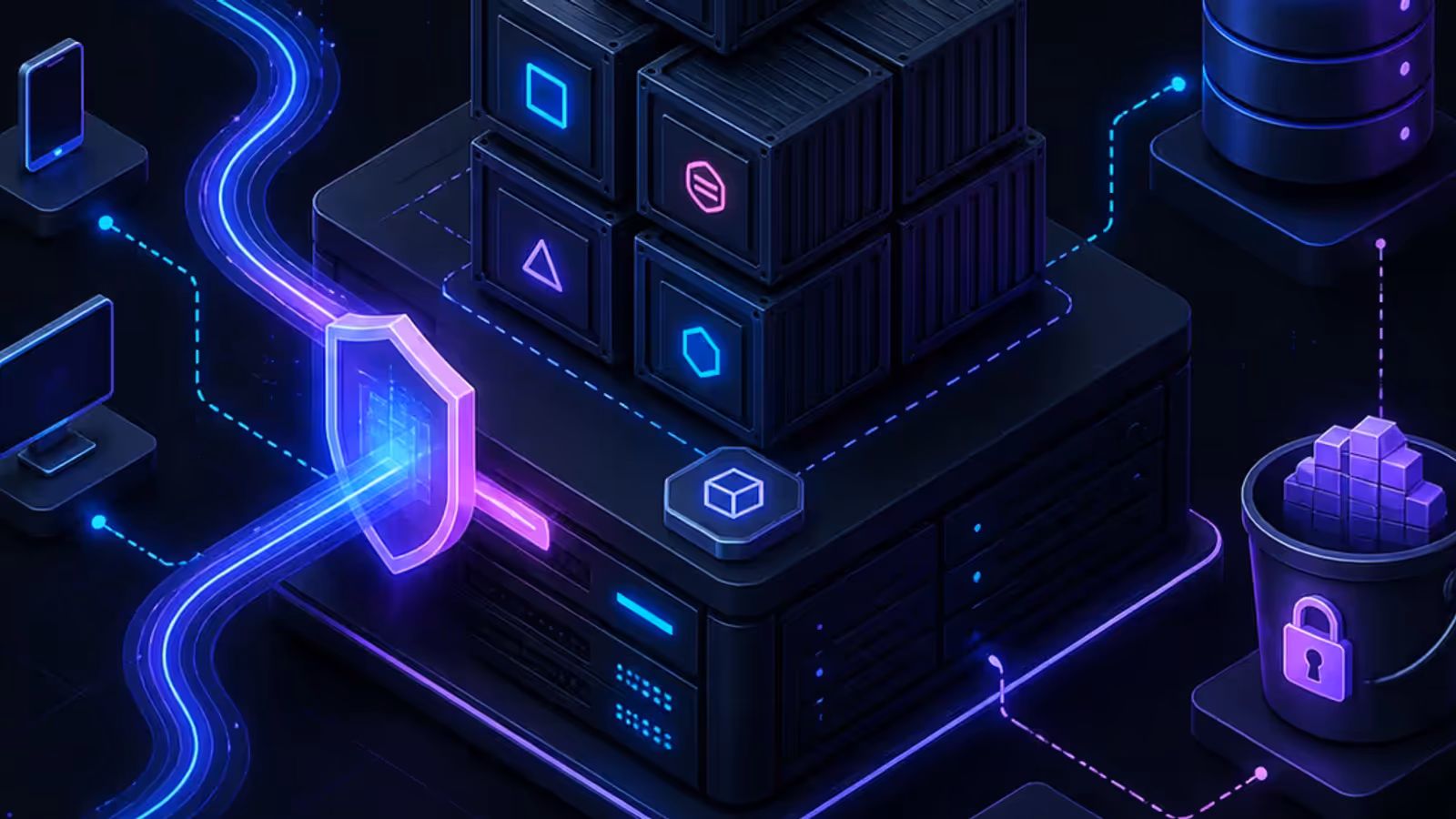 Ilustração isométrica de uma VPS com containers, proxy reverso, banco de dados, backup criptografado e checklist de recuperação