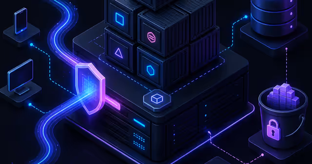 Ilustração isométrica de uma VPS com containers, proxy reverso, banco de dados, backup criptografado e checklist de recuperação