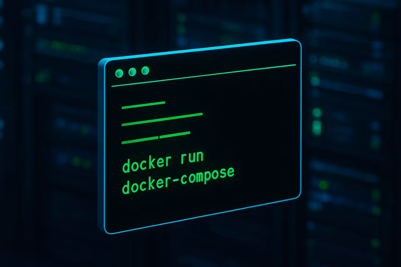 Terminal Linux com comandos Docker como docker ps, docker run e docker compose em ambiente VPS escuro