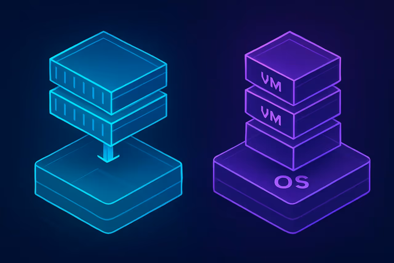 Diagrama comparativo entre container Docker e maquina virtual mostrando camadas de virtualizacao e kernel compartilhado