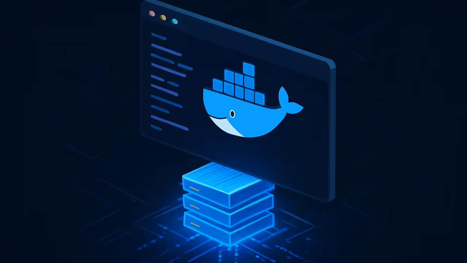 Container Docker em ambiente VPS com interface de terminal, servidores em rack e infraestrutura em nuvem
