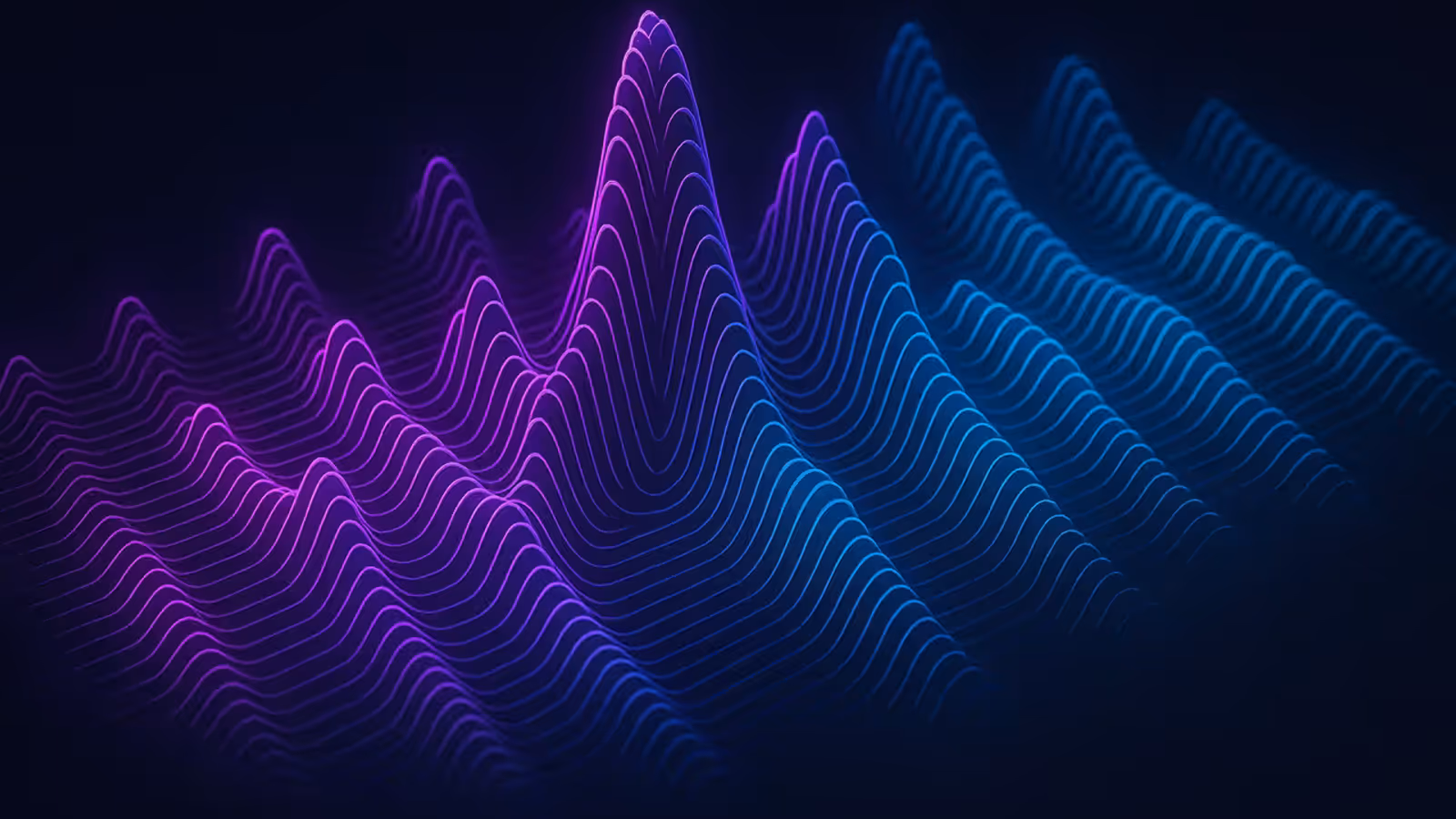 Visualização abstrata de ondas de voz com gradiente neon roxo e azul, representando tecnologia de voz por IA em fundo escuro