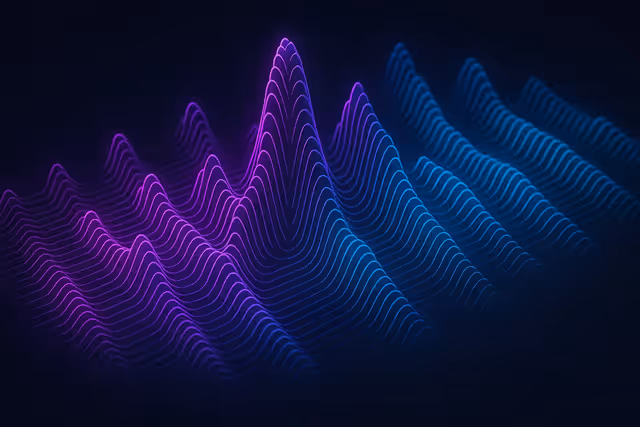 Visualização abstrata de ondas de voz com gradiente neon roxo e azul, representando tecnologia de voz por IA em fundo escuro