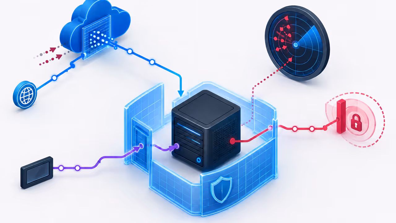 Camadas distintas de UFW, Fail2ban e proxy em nuvem protegendo uma VPS