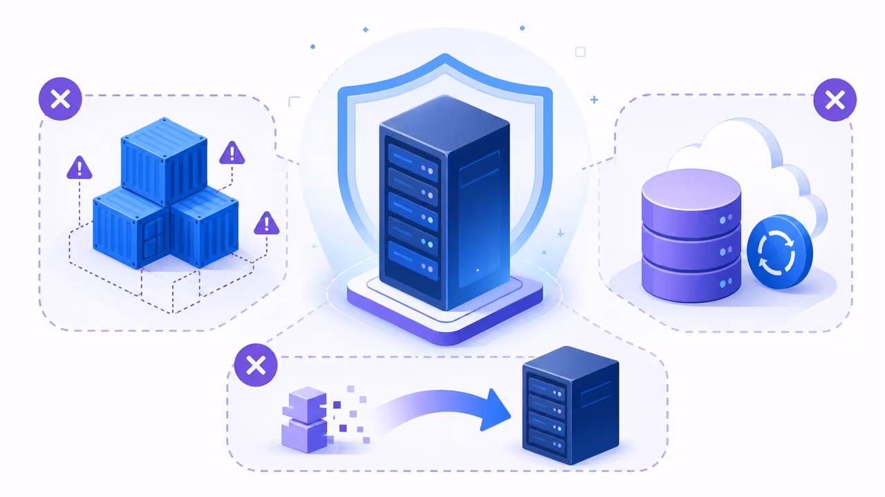 Servidor protegido com Docker, backup e restauração marcados como itens não cobertos