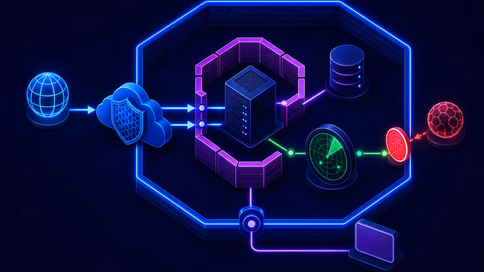 Servidor VPS protegido por proxy em nuvem, firewall e monitoramento de tentativas
