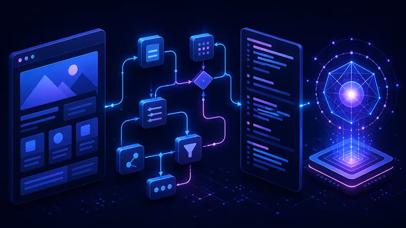 Fluxo isométrico de automação transformando uma página web em blocos estruturados para um agente de IA