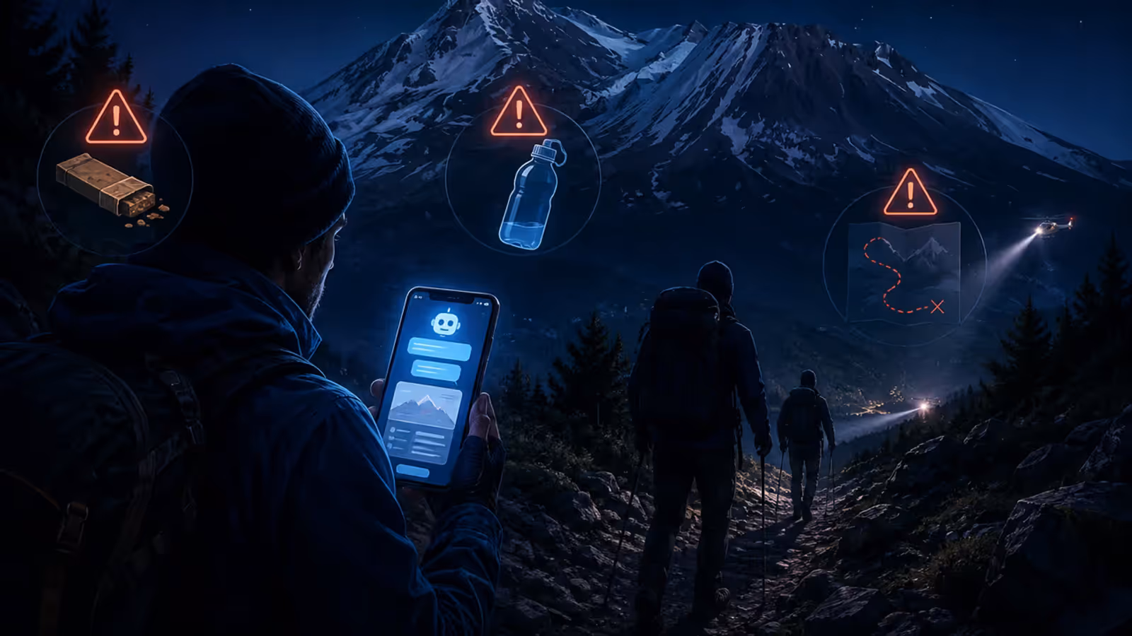 Imagem ilustrativa de três hikers em uma trilha noturna consultando um roteiro de IA, com alertas sobre comida, água e rota