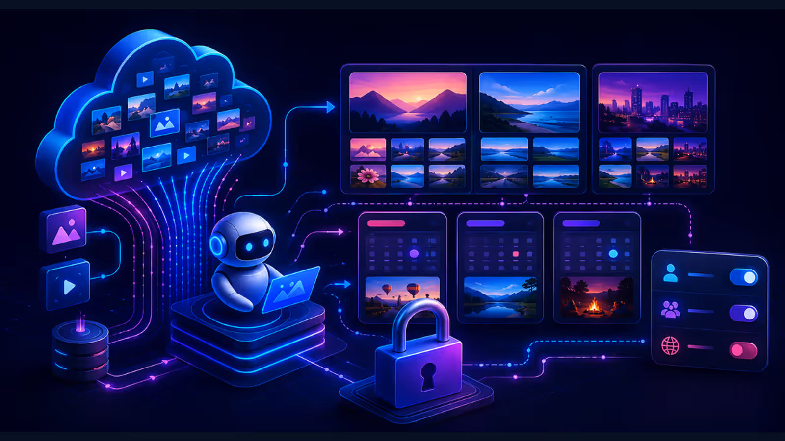 Ilustração de um agente de IA organizando fotos na nuvem com cadeado e controles de privacidade