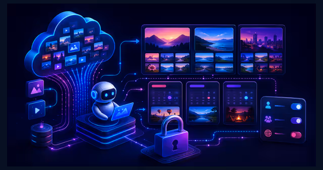 Ilustração de um agente de IA organizando fotos na nuvem com cadeado e controles de privacidade