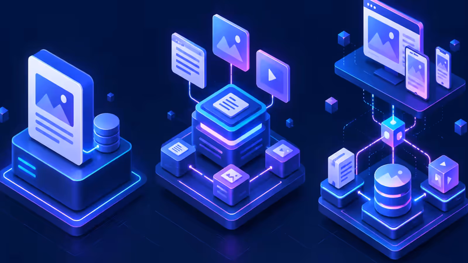 Três arquiteturas de CMS conectam publicação, banco, mídia e canais digitais em uma comparação editorial.