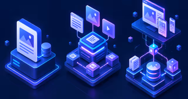 Três arquiteturas de CMS conectam publicação, banco, mídia e canais digitais em uma comparação editorial.