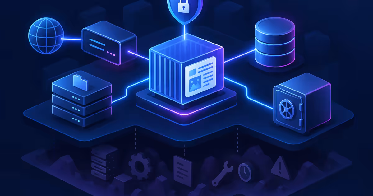 Aplicação editorial em VPS ligada a proxy, proteção TLS, banco de dados, armazenamento persistente e cofre de backup.