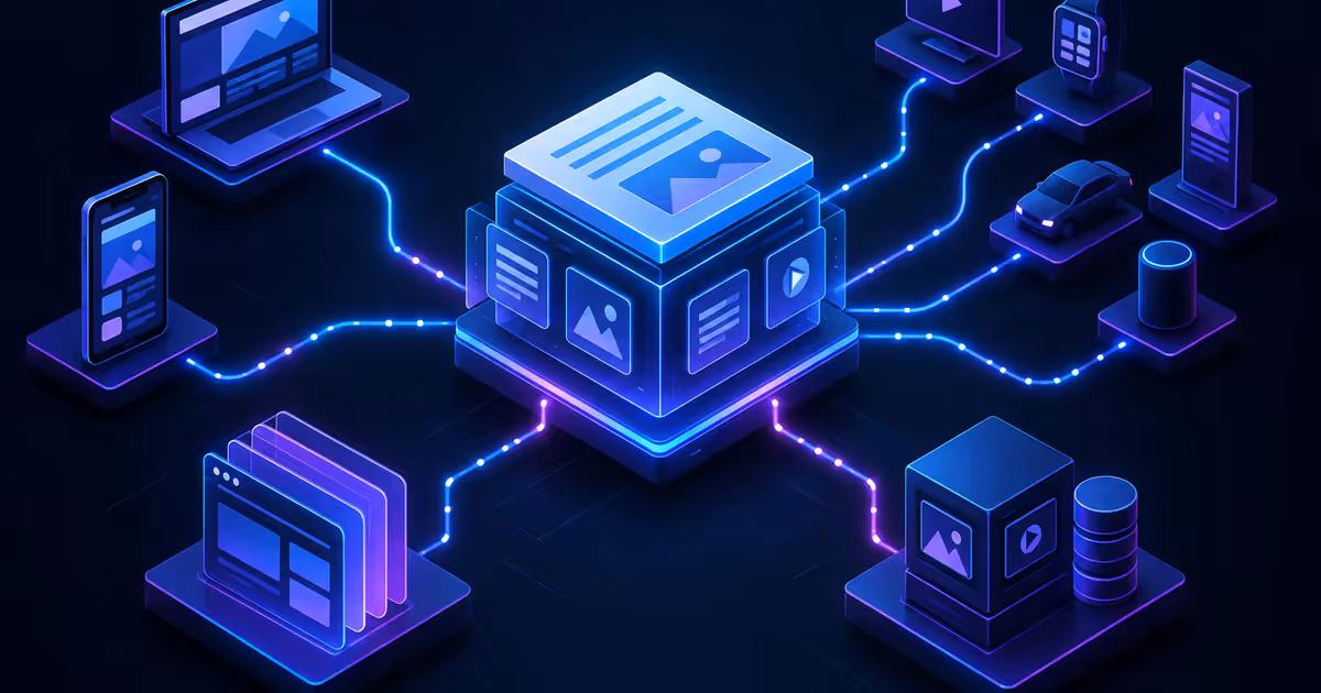 Hub de conteúdo estruturado distribui dados por conexões de API para site, celular, relógio, vídeo e outros canais.
