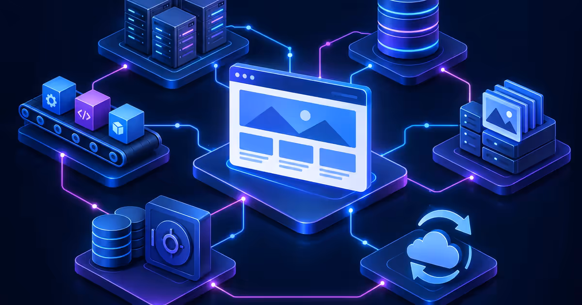 CMS conectado a runtime, banco de dados, biblioteca de mídia, deploy, backup protegido e recuperação em nuvem.