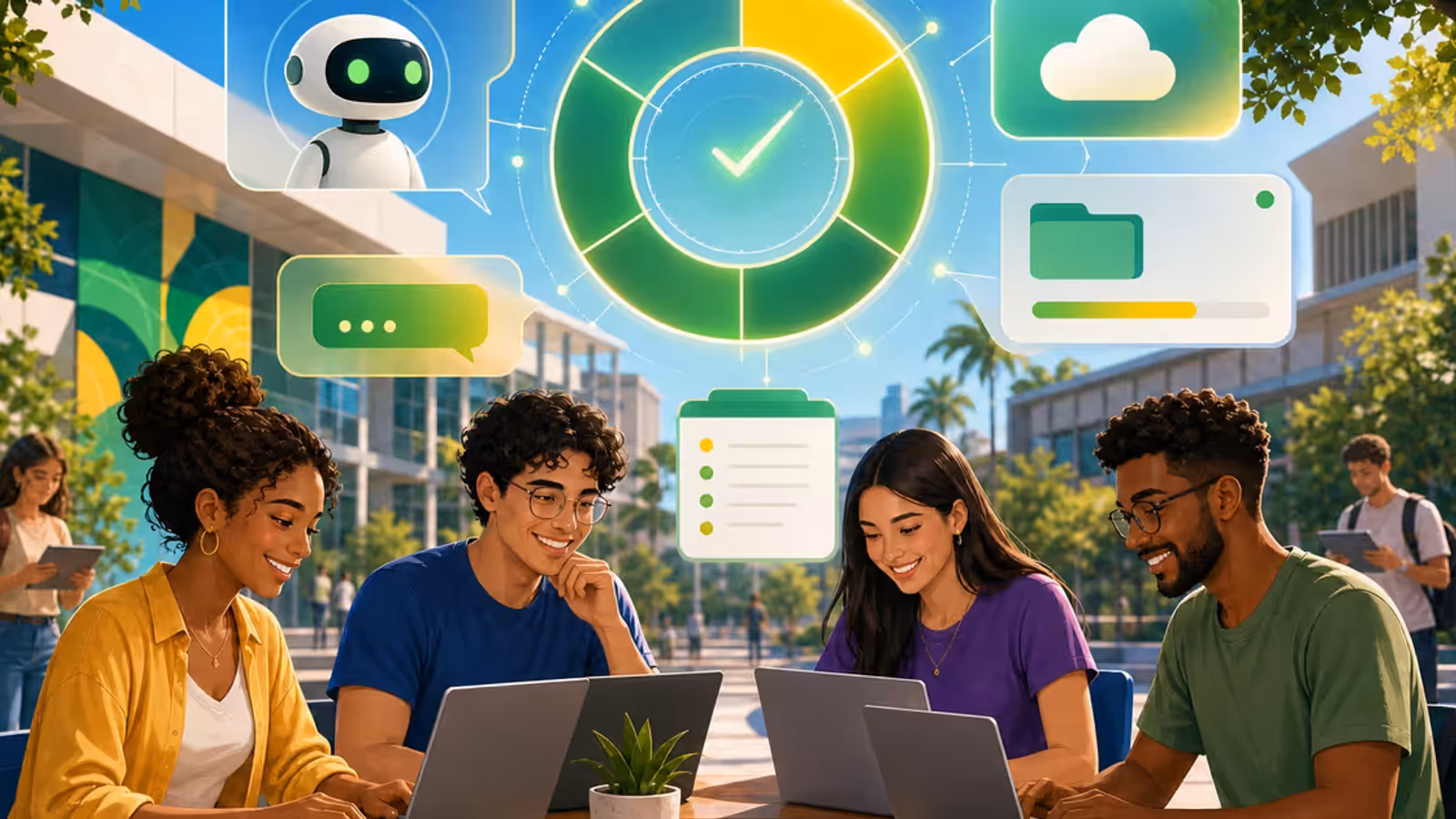 Ilustração editorial de universitários usando notebooks com recursos de inteligência artificial no campus