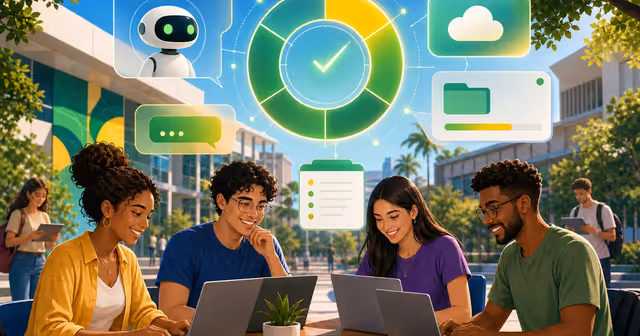 Ilustração editorial de universitários usando notebooks com recursos de inteligência artificial no campus