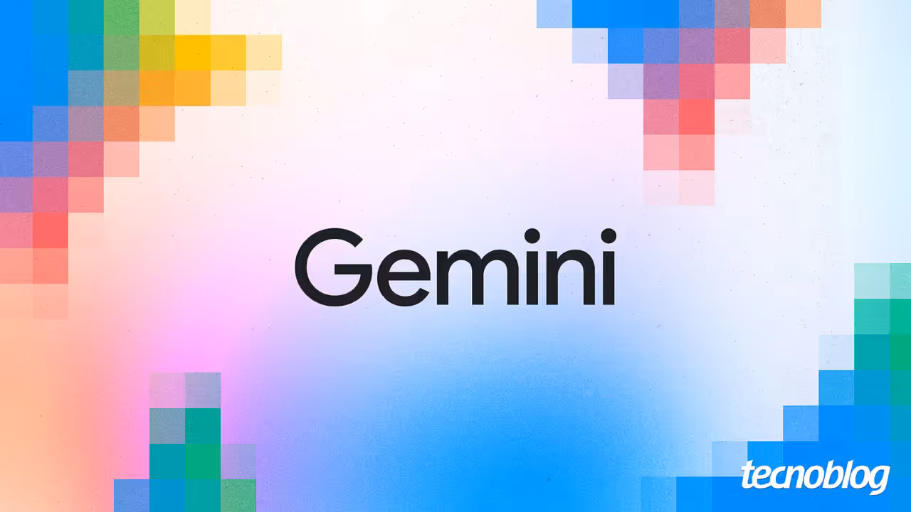 Arte colorida com o nome Gemini em destaque e formas geométricas nas bordas