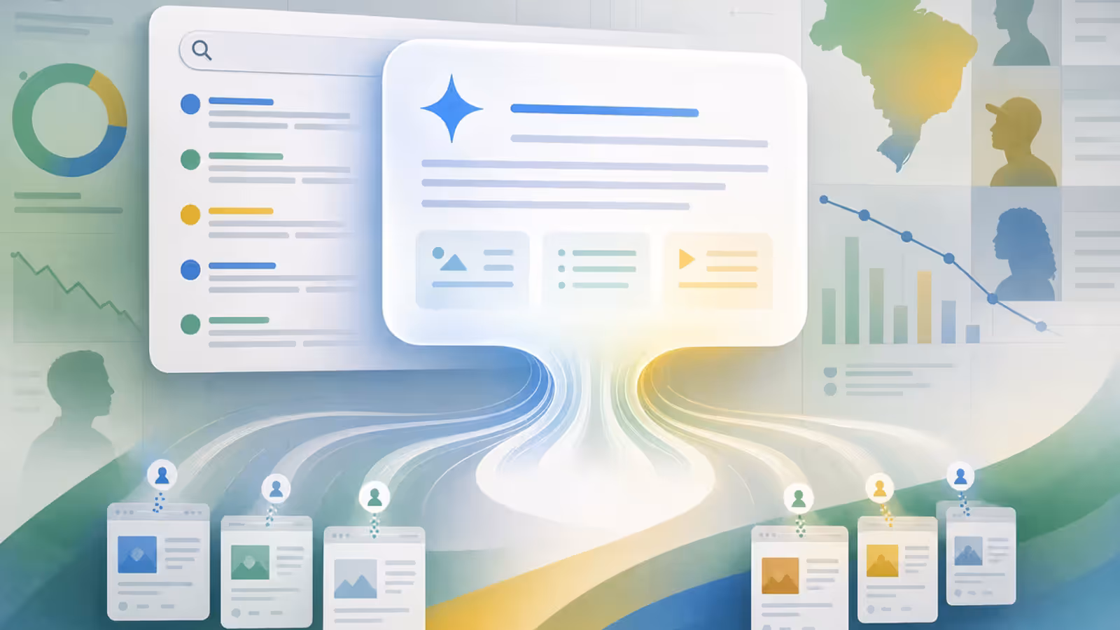 Ilustração editorial: página de busca do Google com IA transformando a resposta em painel e reduzindo cliques para sites.