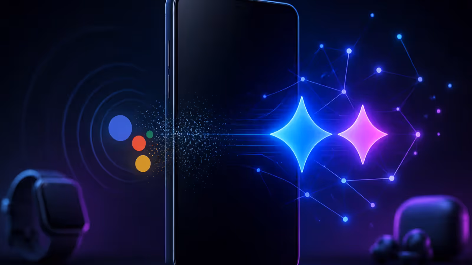 Celular Android com assistente virtual se transformando em inteligência artificial, com relógio e fones ao fundo