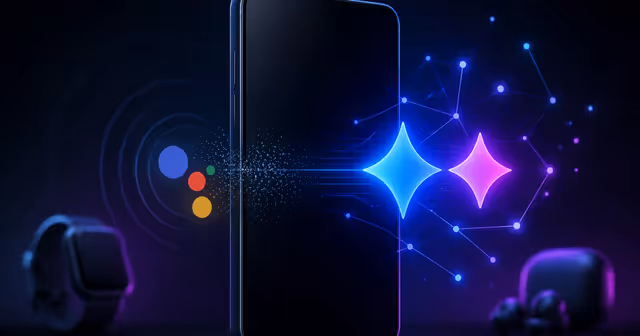 Celular Android com assistente virtual se transformando em inteligência artificial, com relógio e fones ao fundo