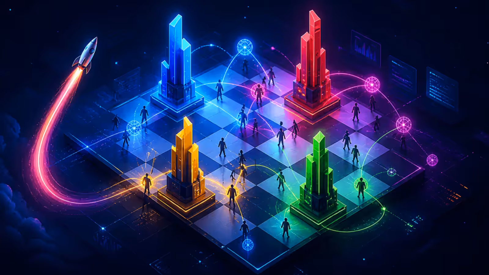 Ilustração editorial da reorganização da Google DeepMind como um tabuleiro estratégico de laboratórios de IA
