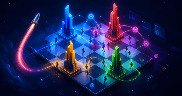 Ilustração editorial da reorganização da Google DeepMind como um tabuleiro estratégico de laboratórios de IA