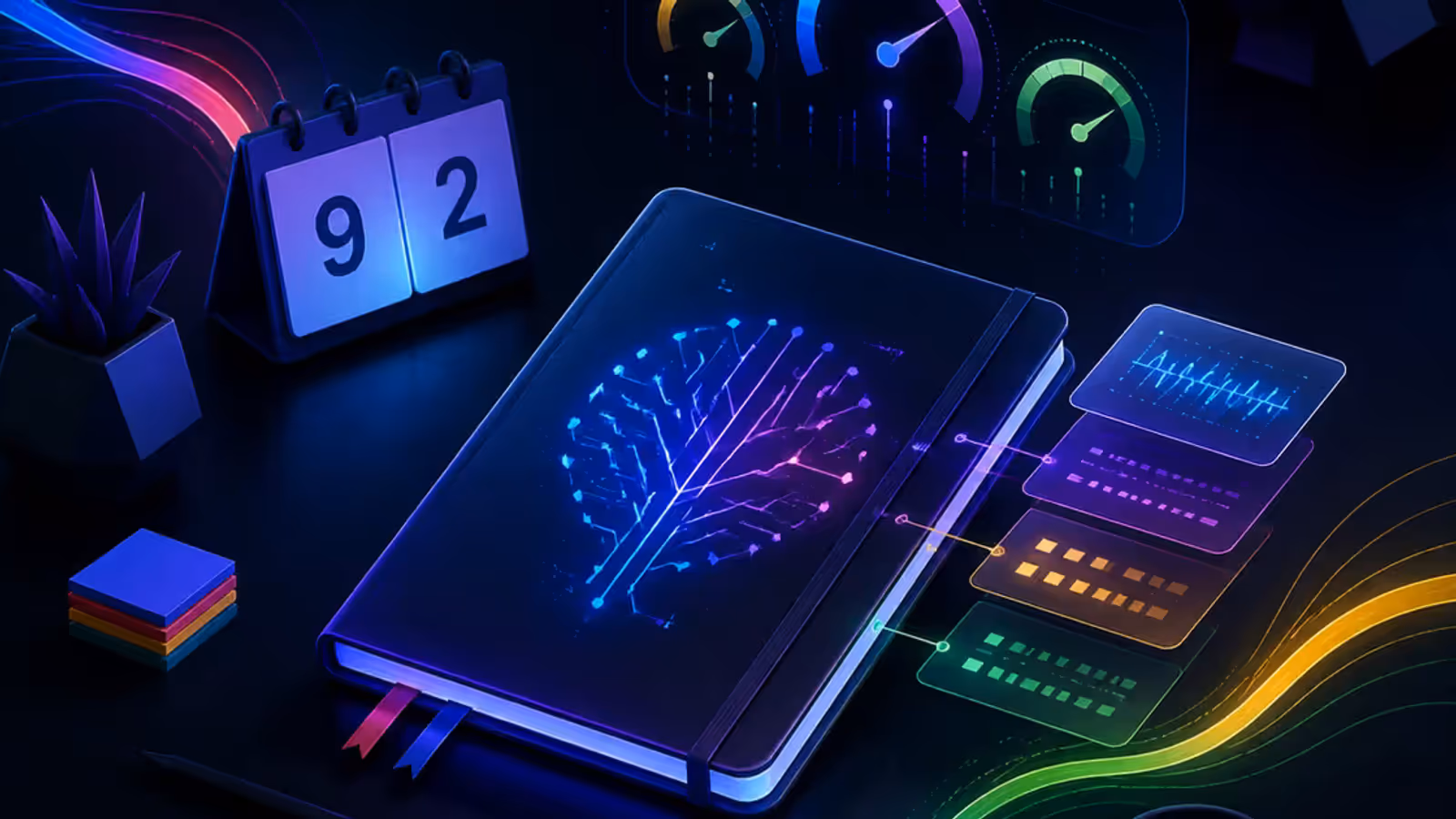 Ilustração de notebook com medidores de capacidade computacional e calendário marcado em 2 de setembro