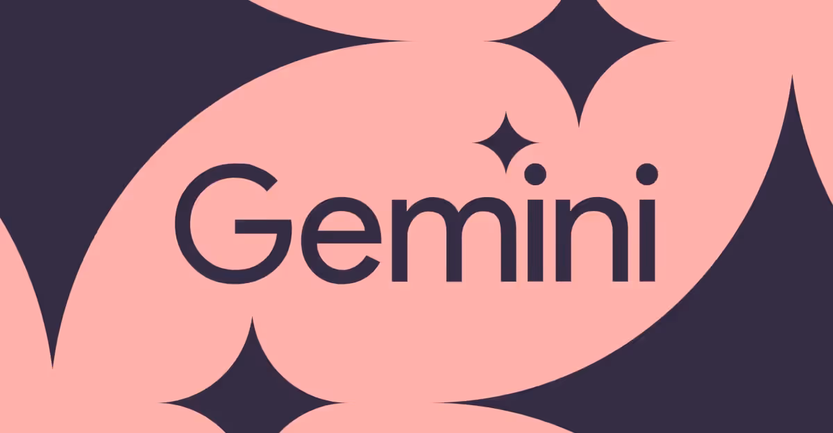 Palavra Gemini em roxo escuro sobre fundo rosa com formas abstratas e ícones de brilho