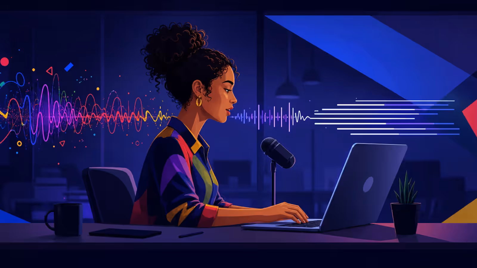 Criadora dita para o laptop enquanto a IA transforma a fala em texto organizado