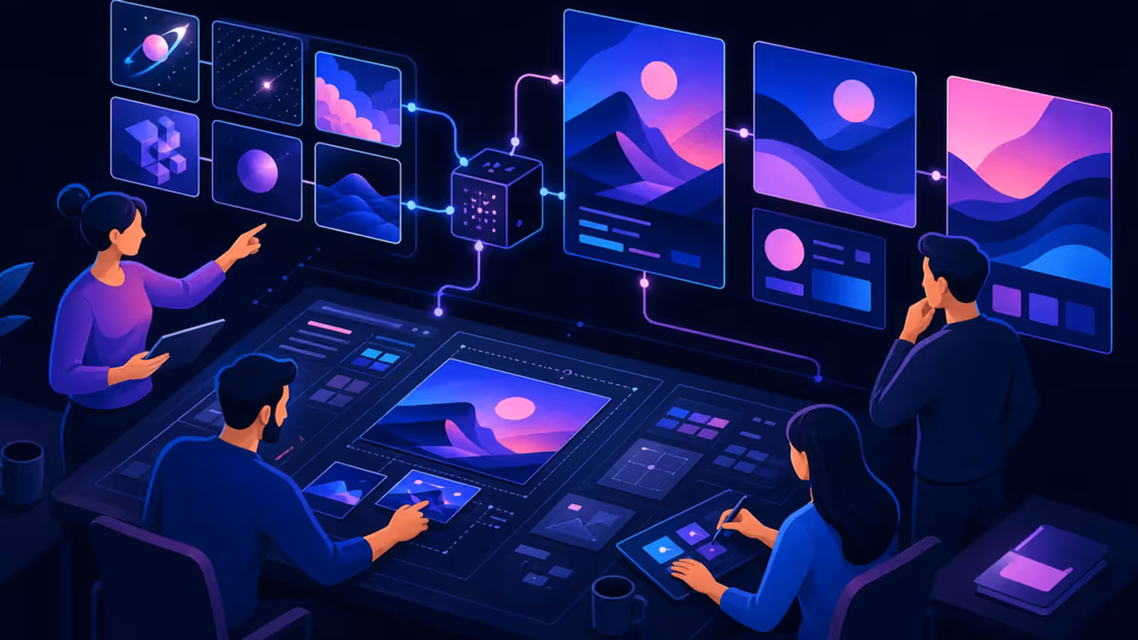 Equipe pequena cria peças visuais com IA em um ambiente de trabalho digital