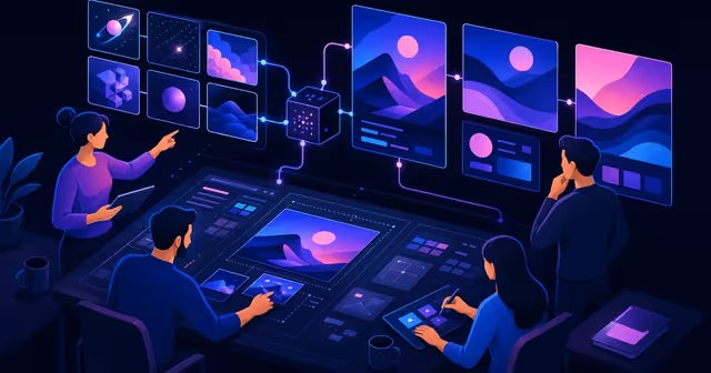 Equipe pequena cria peças visuais com IA em um ambiente de trabalho digital