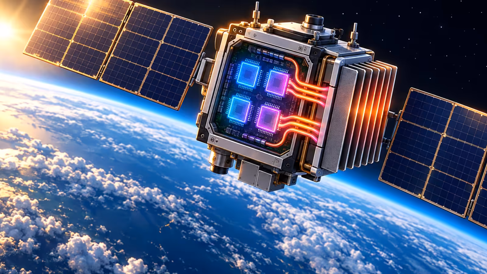 Ilustração de satélite experimental com quatro chips de inteligência artificial, painéis solares e radiadores sobre a Terra.