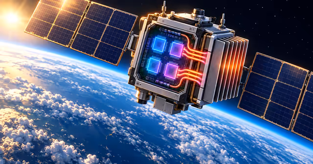 Ilustração de satélite experimental com quatro chips de inteligência artificial, painéis solares e radiadores sobre a Terra.