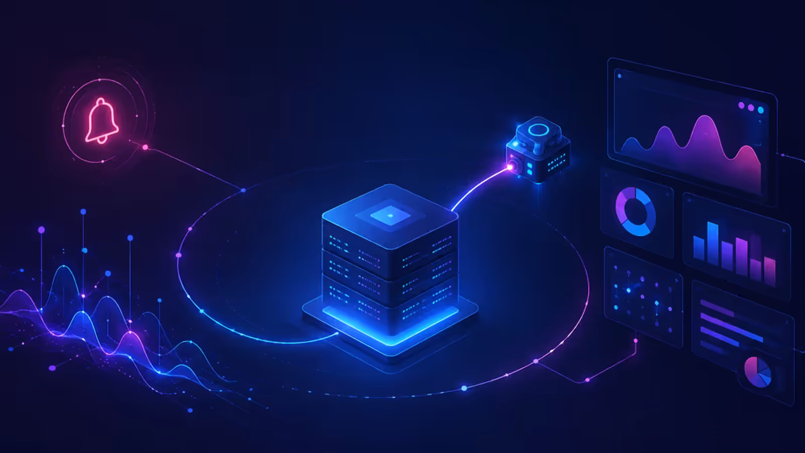 Ilustração de uma VPS como núcleo conectada a alerta, métricas, dashboard e sonda externa