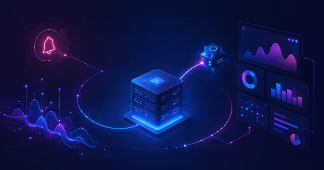 Ilustração de uma VPS como núcleo conectada a alerta, métricas, dashboard e sonda externa