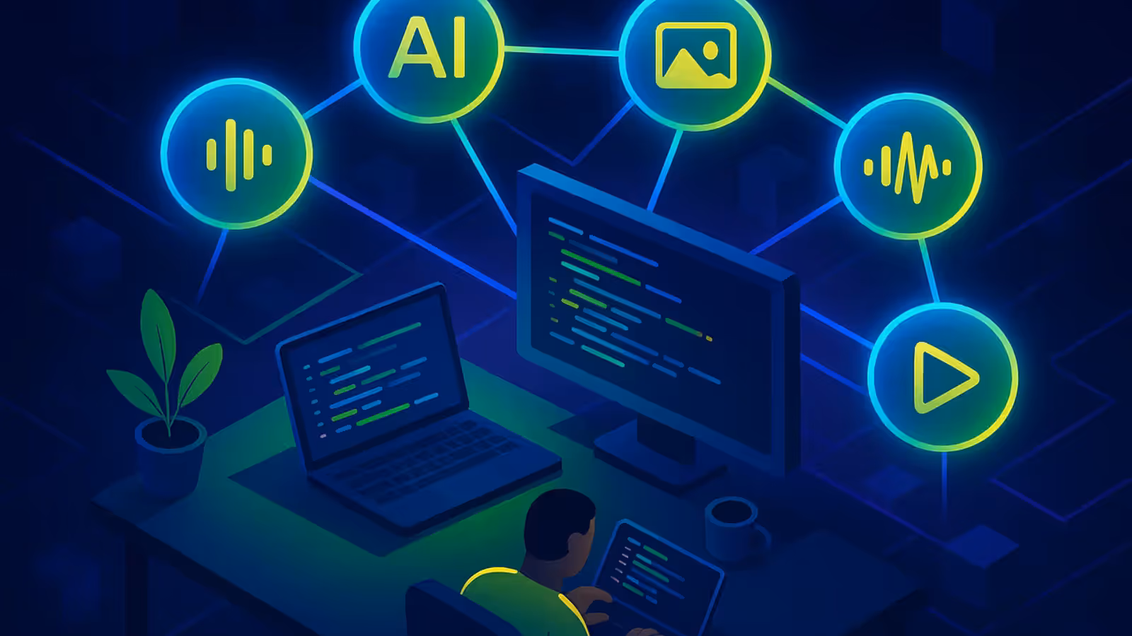 Workspace de desenvolvedor com nos de conexao de APIs de IA flutuando em ambiente escuro com linhas luminosas -- conceito visual do guia de APIs de IA para dev brasileiro 2026